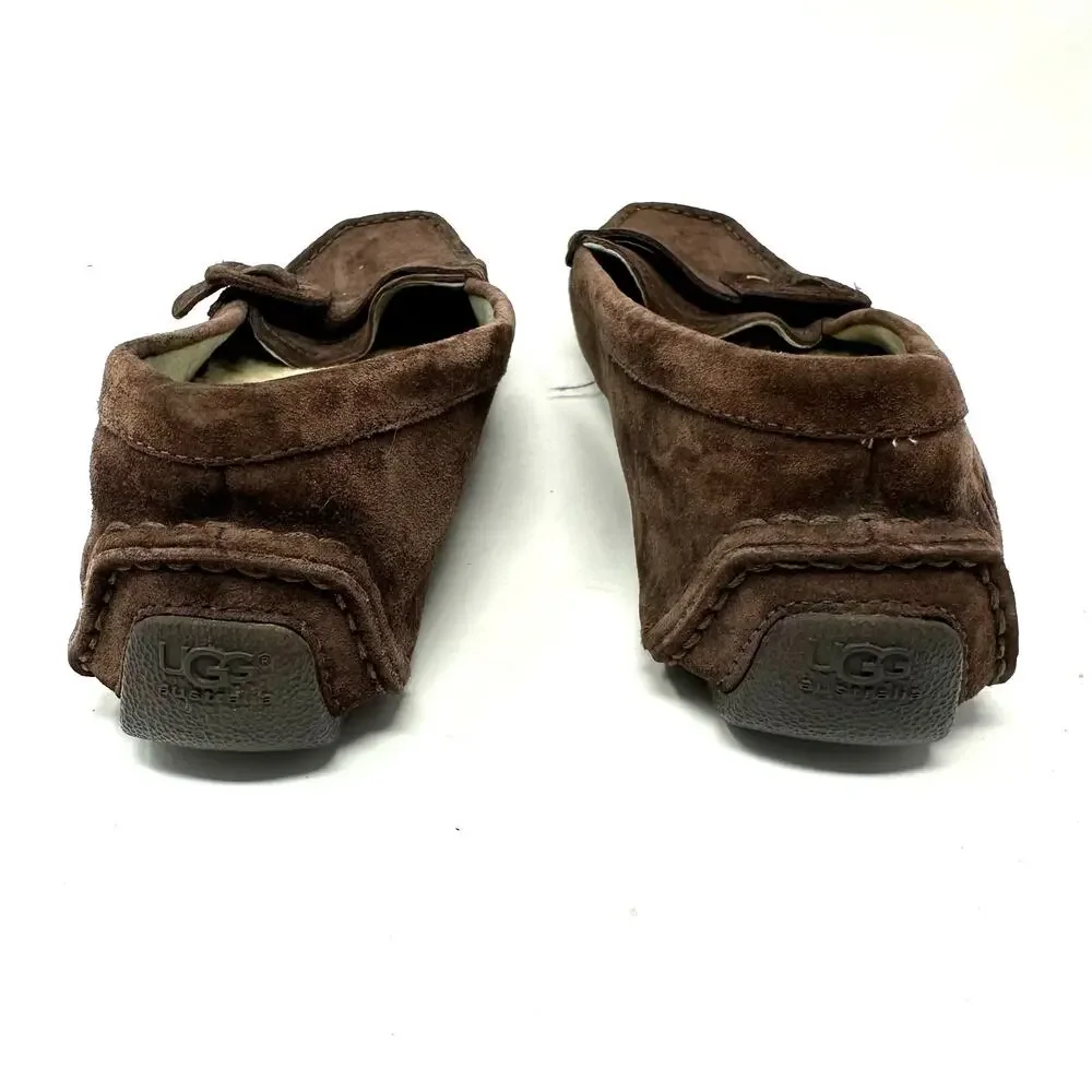 UGG Size 8 Slip On Brown Leather Sherpa‎ Lined Buckle Flats Tread Moccasins